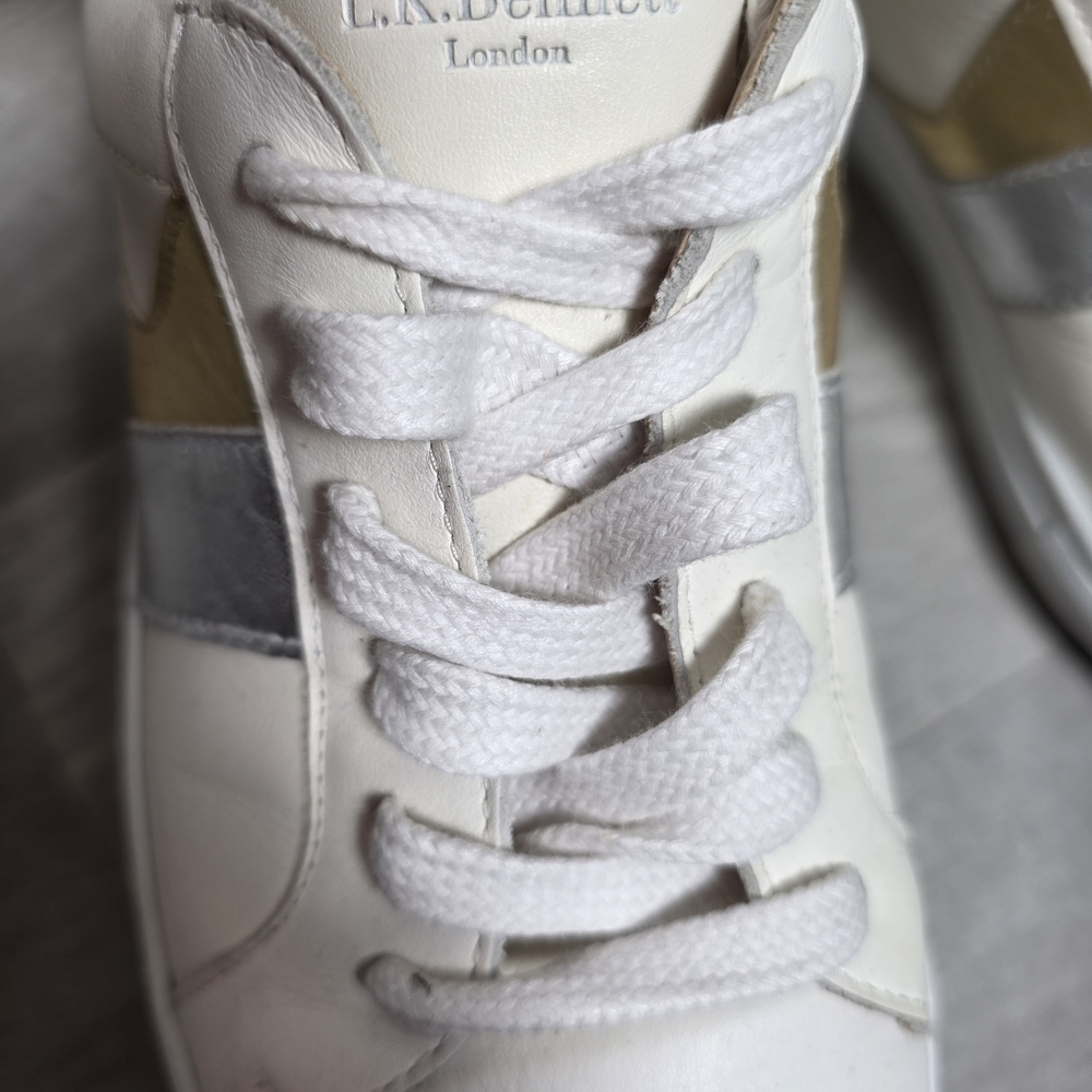 L.K. Bennett London White Leather Sneakers Gold Silver Detail Size 40 Women - Picture 6 of 9